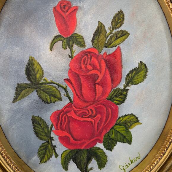 Red Rose Oil Painting Oval Ornate Gold Frame Jean Baker Signed Floral Flower Art - Picture 3 of 10